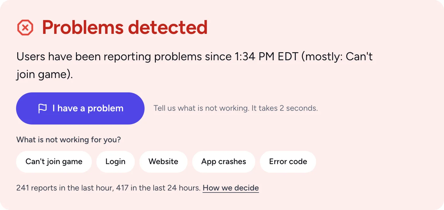 Verdict card reading "Problems detected" with the number of reports in the last hour